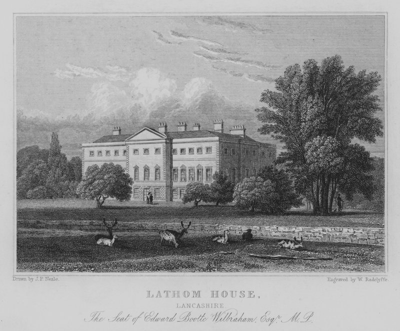 Lathom House, Lancashire, Edward Boolte Wilbraham székhelye, Esquire, képviselő (metszet) alkotó: John Preston Neale