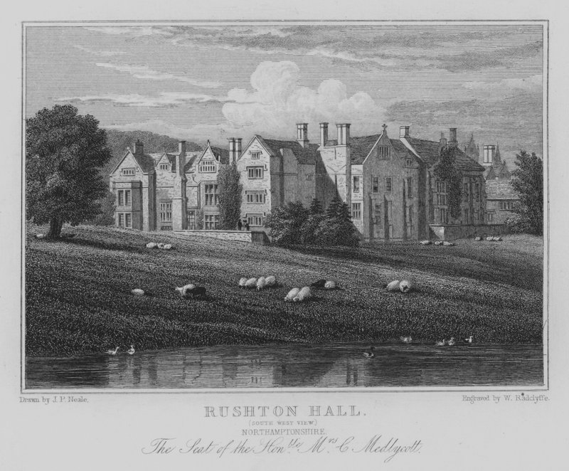 Rushton Hall, South West View, Northamptonshire, The Seat of the Honorable Mrs C Medlycott (metszet) alkotó: John Preston Neale