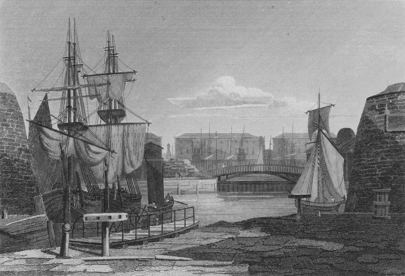 A London Docks bejárata (metszet) alkotó: John Preston Neale