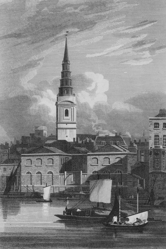 Kilátás a Szent Menyasszony-templomra, a Temze felől (metszet) alkotó: John Preston Neale