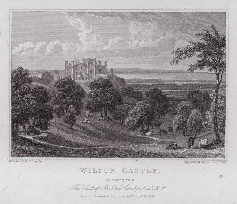 Wilton kastély, Yorkshire, Sir John Lowther székhelye (metszet) alkotó: John Preston Neale