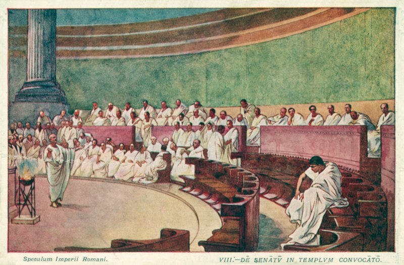 Cicero megtámadja Catilinát az ókori Róma szenátusában (színes litho) alkotó: J. Williamson