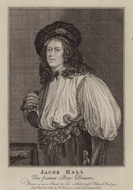 Jacob Hall angol kötéltáncos és akrobata, aki II. Károly király uralkodása alatt tevékenykedett (metszet) alkotó: Jacob (after) Van Oost the Younger