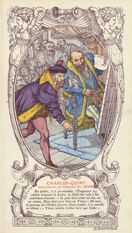 V. Károly felveszi Tiziano ecsetjét, miután az leejtette, miközben a császár portréján dolgozott (színes litográfia). alkotó: Jacques Emile (after) Blanche