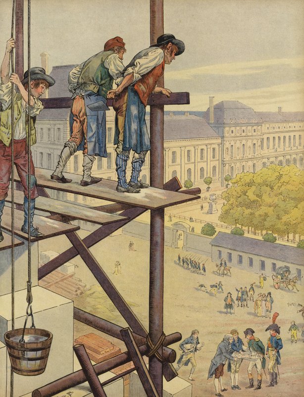 Építőmunkások néznek le a Place des Pyramides állványzatáról alkotó: Jacques Marie Gaston Onfray de Breville (Job)