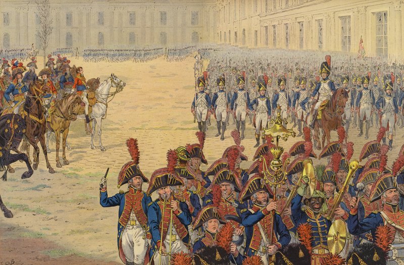 A konzuli gárda első szemléje a Tuileriák palotájának felvonulási területén alkotó: Jacques Marie Gaston Onfray de Breville (Job)