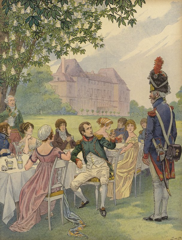 Napóleon Bonaparte és Josephine egy kerti partin a Chateau de Malmaison területén alkotó: Jacques Marie Gaston Onfray de Breville (Job)