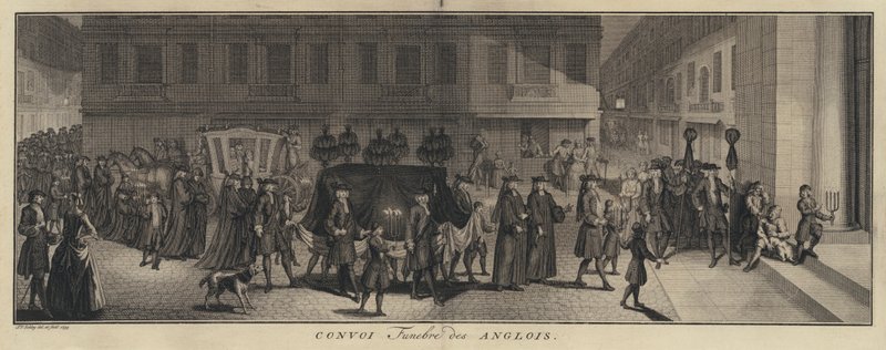 Angol temetési menet (metszet) alkotó: Jakob van der Schley