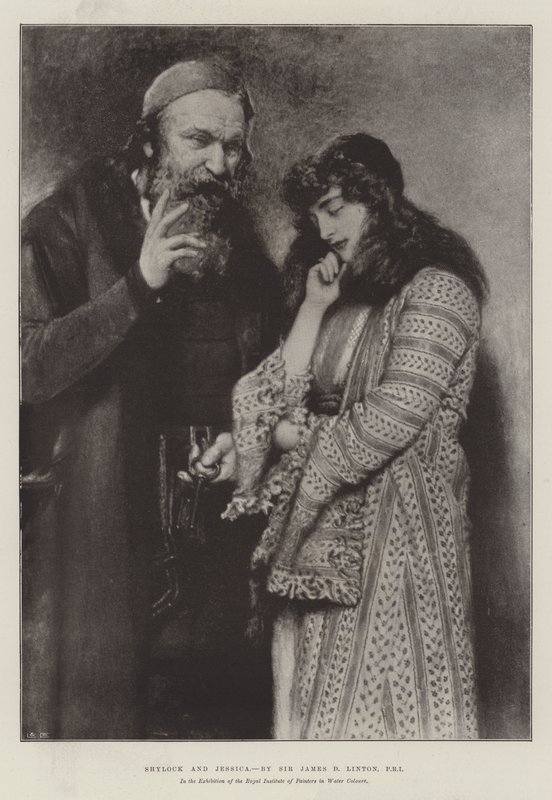 Shylock és Jessica, a Royal Institute of Painters in Water Colors kiállításán alkotó: James Dromgole Linton