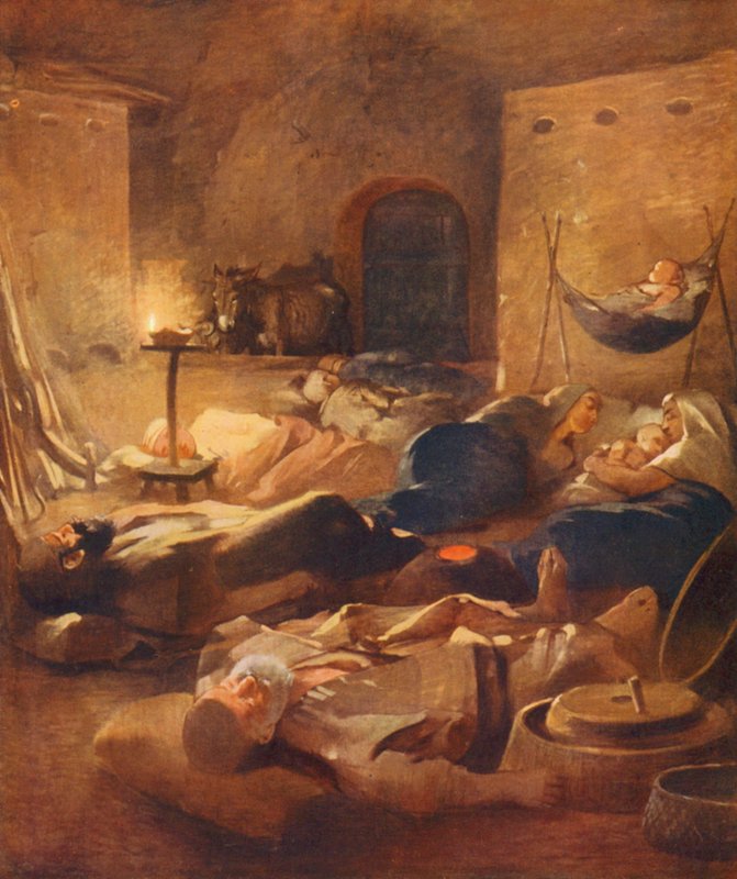 Szentföld: Egy Fellahheen-ház belseje éjszaka (színes litográfia) alkotó: James (after) Clark