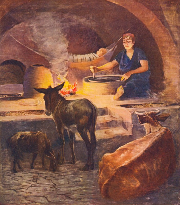 Szentföld: Egy Fellahheen-ház belseje, kora reggel, télen (színes litográfia) alkotó: James (after) Clark