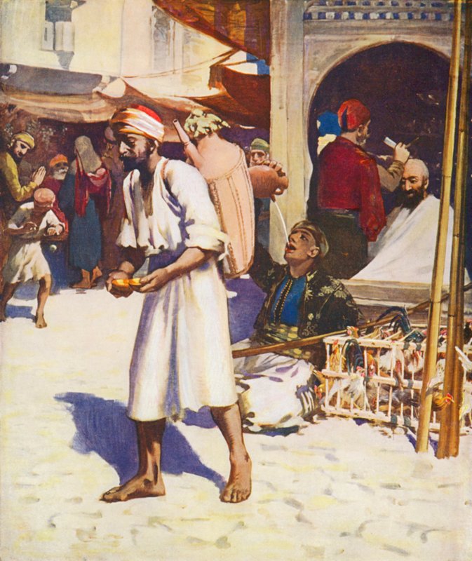 Szentföld: A vízárus és a palesztinai városi élet (színes litográfia) alkotó: James (after) Clark