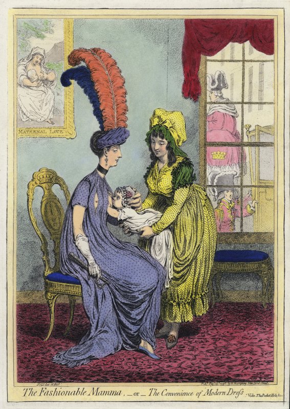 Szoptatás, The Fashional Mamma vagy The Convenience of Modern Dress (színes gravírozás) alkotó: James (after) Gillray