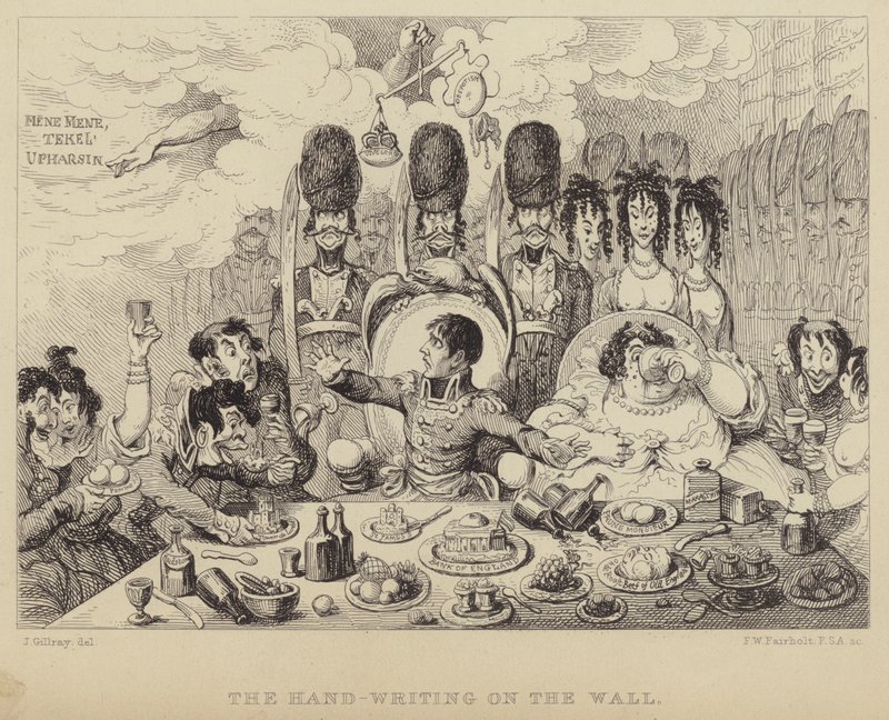 A kézírás a falon: paródia Belsazár lakomáján, Napóleont és feleségét, Josephine-t ábrázolva alkotó: James (after) Gillray