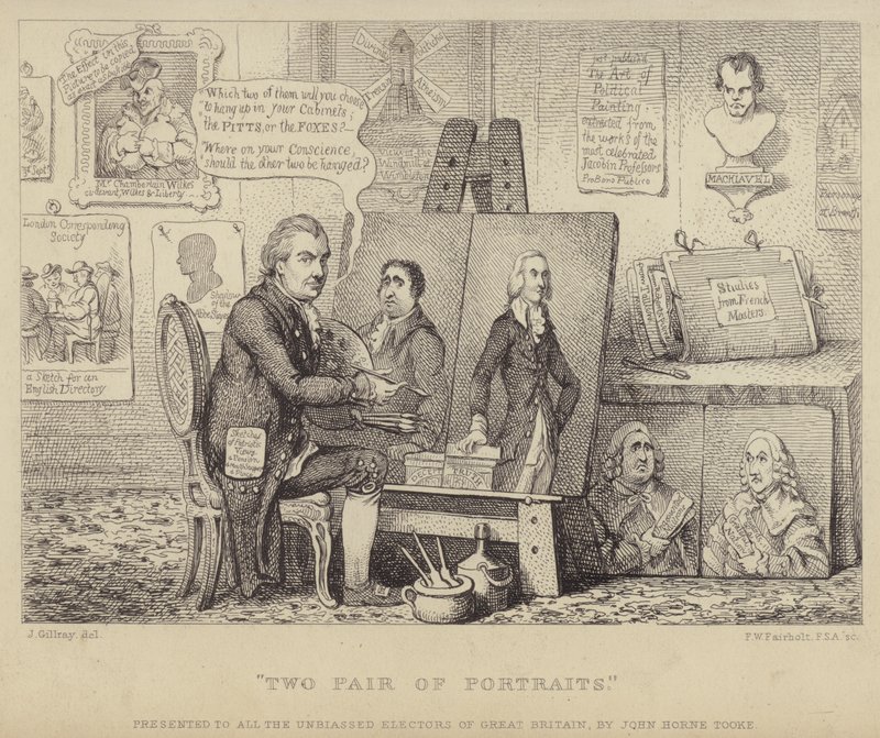 Két pár portré: Whig-ellenes rajzfilm, amely John Henry Tooke-ot ábrázolja Charles James Fox portréjával, aki a bűnt megtestesíti, és William Pitt, az ifjabb az erényt. alkotó: James (after) Gillray