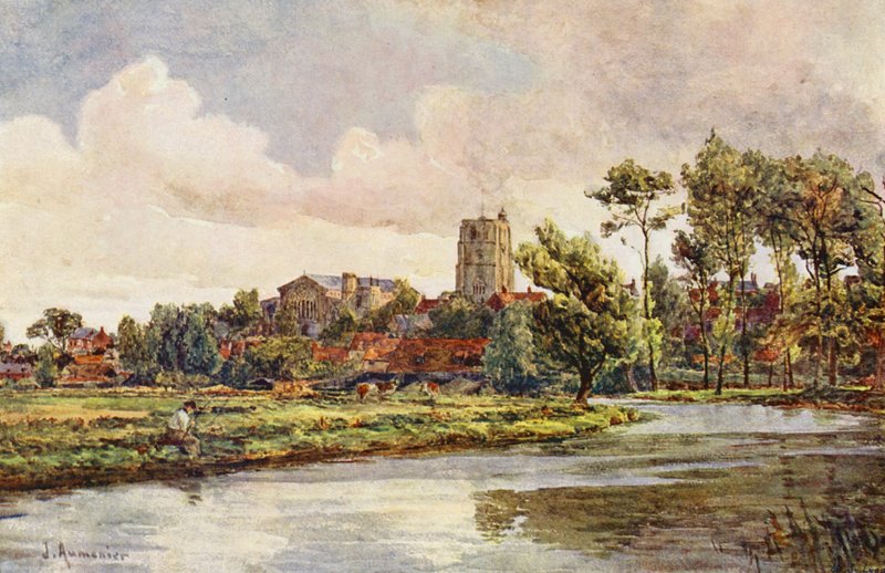 A Waveney folyó Becclesnél, a Szent Mihály-templommal (színes litográfia) alkotó: James Aumonier