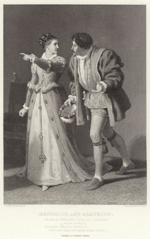 Benedick és Beatrice, Sok hűhó semmiért, IV. felvonás, I. jelenet alkotó: James Dawson Watson