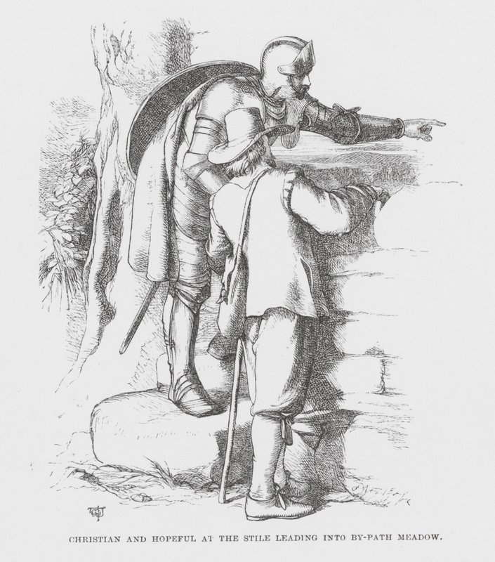 Christian és Hopeful a Mellékút rétjére vezető kapunál (metszet) alkotó: James Dawson Watson