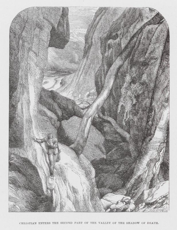 Keresztény belép a halál árnyékának völgye második részébe (metszet) alkotó: James Dawson Watson