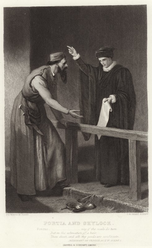 Portia és Shylock, Velencei kereskedő, IV. felvonás, I. jelenet alkotó: James Dawson Watson