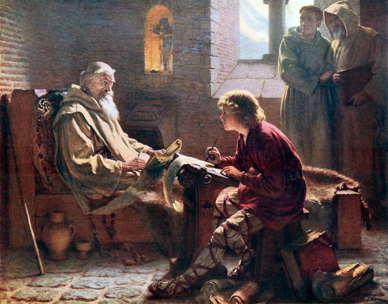A Tiszteletreméltó Bede Szent János utolsó fejezetének fordítása. The Illustration from An Outline of Christianity szerkesztette A S Peake és munkatársai (Waverley, c 1910.) alkotó: James Doyle Penrose