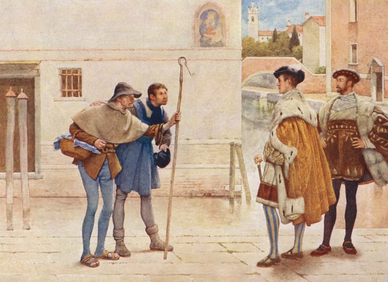 Shakespeare A velencei kalmár című műve: Bassanio, Lorenzo, az öreg Gobbo és Launcelot Gobbo (színes litográfia) alkotó: James Dromgole Linton