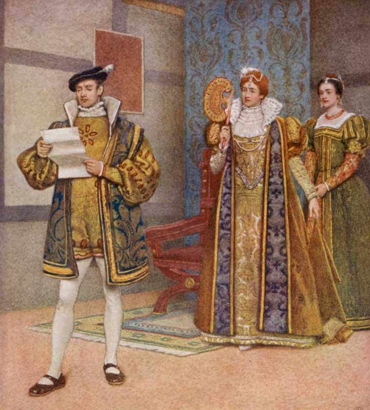 Shakespeare A velencei kalmár című műve: Bassanio, Portia és Nerissa (színes lithó) alkotó: James Dromgole Linton
