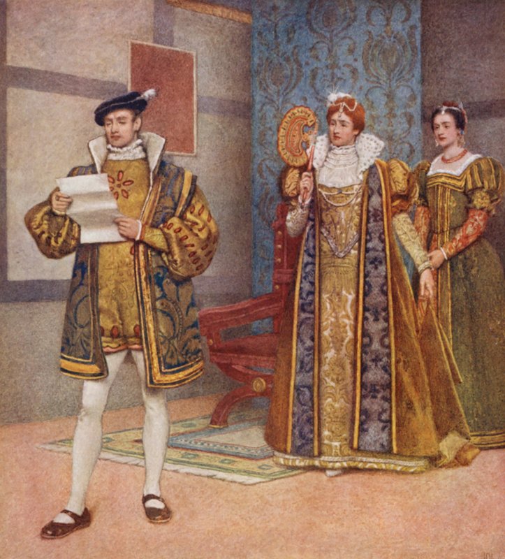 Shakespeare A velencei kalmár című műve: Bassanio, Portia és Nerissa (színes lithó) alkotó: James Dromgole Linton