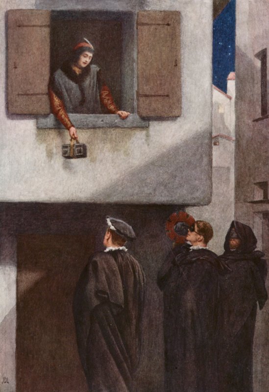 Shakespeare A velencei kalmár című műve: Jessica, Lorenzo, Gratiano és Salarino (színes litográfia) alkotó: James Dromgole Linton