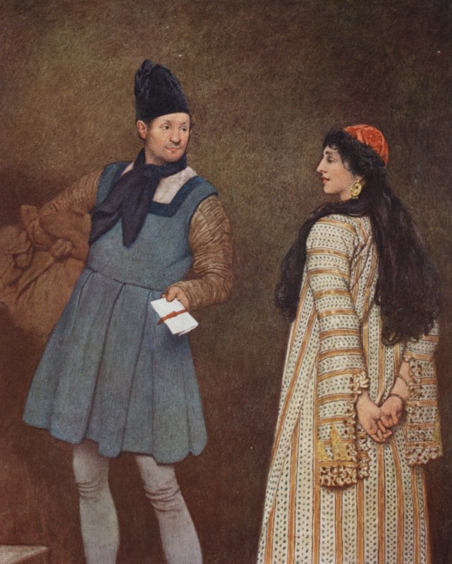 Shakespeare A velencei kalmár című műve: Jessica és Launcelot (színes litográfia) alkotó: James Dromgole Linton
