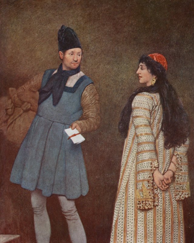 Shakespeare A velencei kalmár című műve: Jessica és Launcelot (színes litográfia) alkotó: James Dromgole Linton
