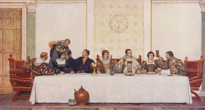 Shakespeare A velencei kalmár című műve: Lorenzo, Jessica, Antonio, Portia, Bassanio, Nerissa és Gratiano (színes litográfia) alkotó: James Dromgole Linton