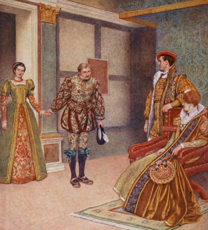 Shakespeare A velencei kalmár című műve: Portia, Bassanio, Gratiano és Nerissa (színes litográfia) alkotó: James Dromgole Linton