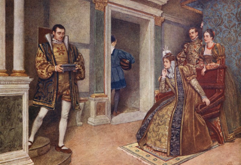 Shakespeare A velencei kalmár című műve: Portia, Bassanio, Nerissa és Gratiano (színes litográfia) alkotó: James Dromgole Linton