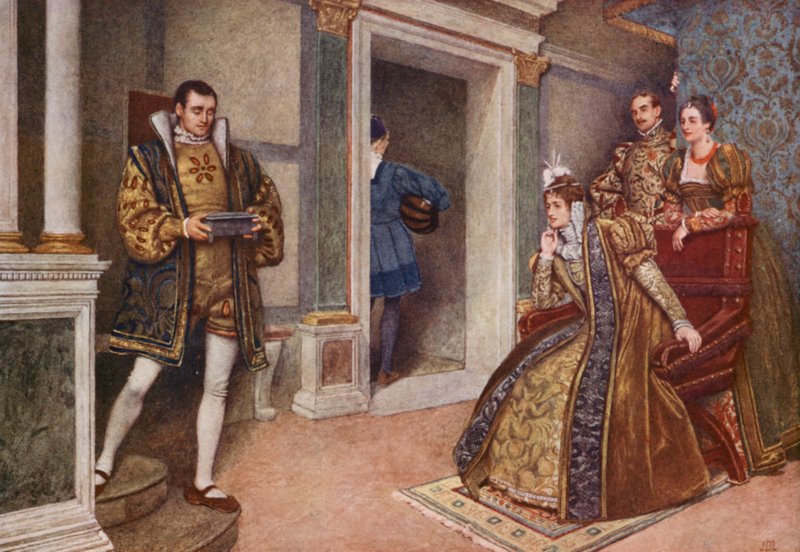 Shakespeare A velencei kalmár című műve: Portia, Bassanio, Nerissa és Gratiano (színes litográfia) alkotó: James Dromgole Linton