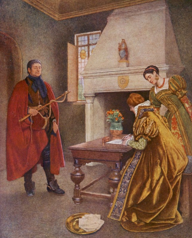 Shakespeare A velencei kalmár című műve: Portia, Nerissa és Balthazar (színes litográfia) alkotó: James Dromgole Linton