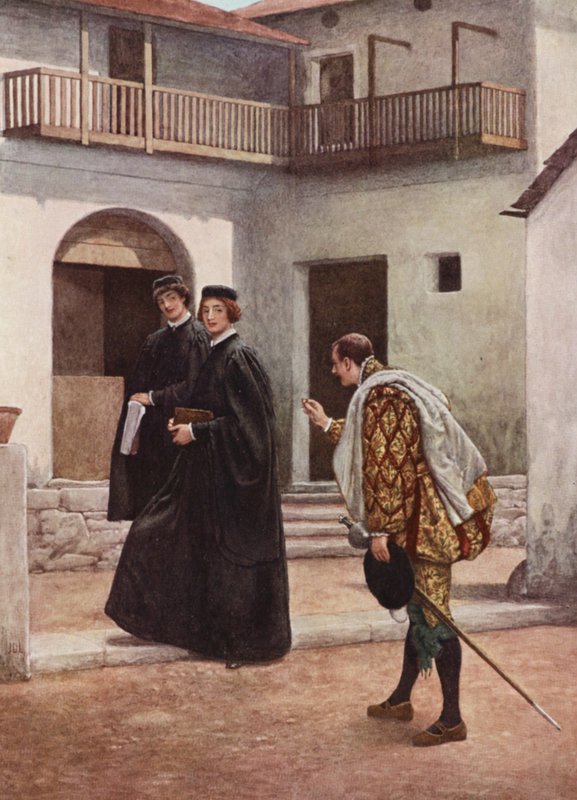 Shakespeare A velencei kalmár című műve: Portia, Nerissa és Gratiano (színes litográfia) alkotó: James Dromgole Linton