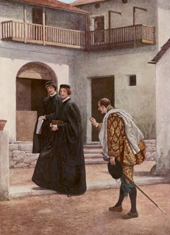Shakespeare A velencei kalmár című műve: Portia, Nerissa és Gratiano (színes litográfia) alkotó: James Dromgole Linton