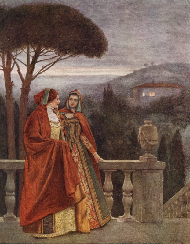 Shakespeare A velencei kalmár című műve: Portia és Nerissa (színes litográfia) alkotó: James Dromgole Linton
