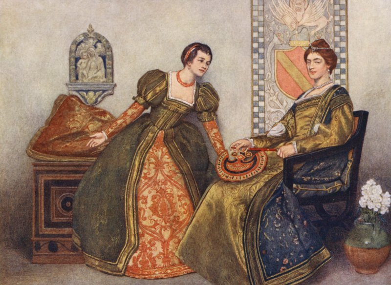 Shakespeare A velencei kalmár című műve: Portia és Nerissa (színes litográfia) alkotó: James Dromgole Linton