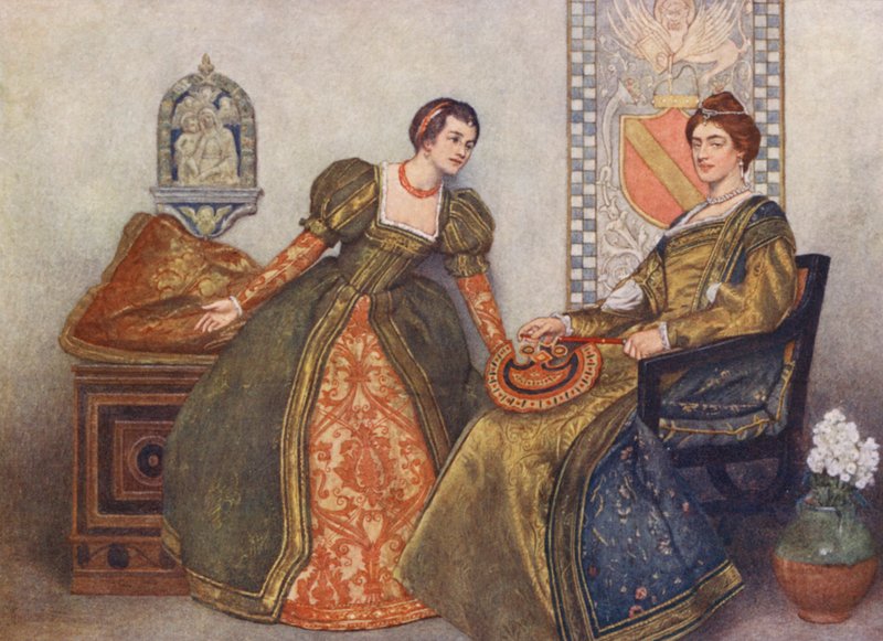 Shakespeare A velencei kalmár című műve: Portia és Nerissa (színes litográfia) alkotó: James Dromgole Linton