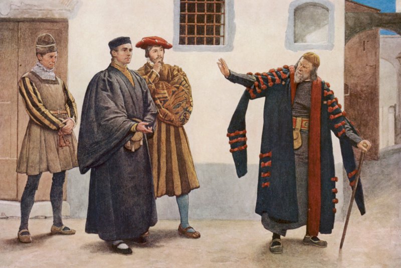 Shakespeare A velencei kalmár című műve: Shylock, Antonio, Salarino és Gaoler (színes litográfia) alkotó: James Dromgole Linton
