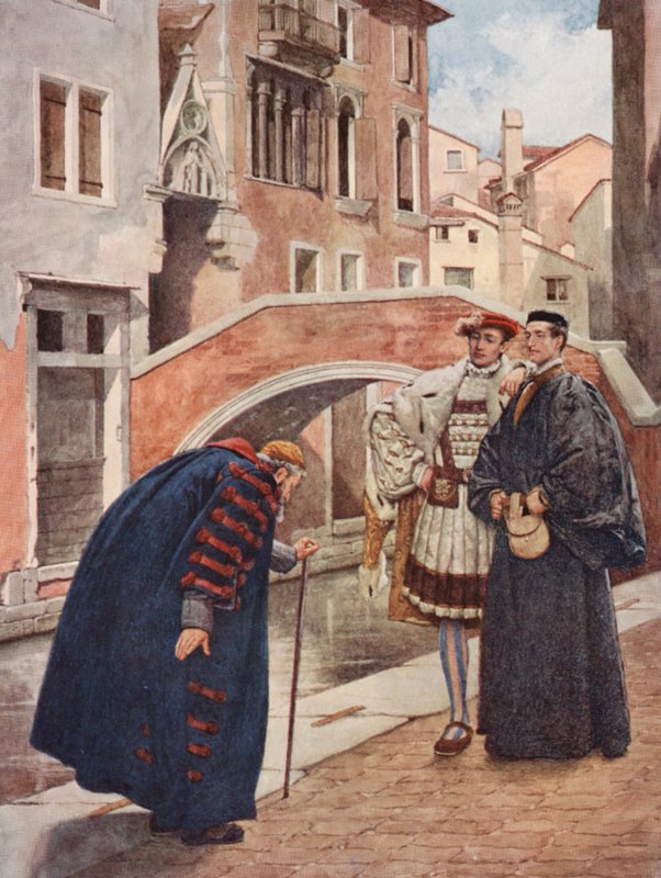 Shakespeare A velencei kalmár című műve: Shylock, Bassanio és Antonio (színes litográfia) alkotó: James Dromgole Linton