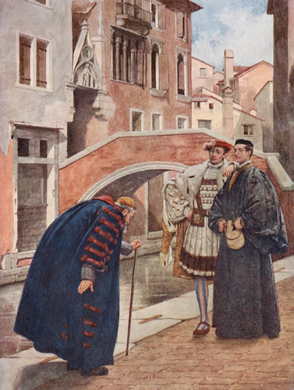 Shakespeare A velencei kalmár című műve: Shylock, Bassanio és Antonio (színes litográfia) alkotó: James Dromgole Linton