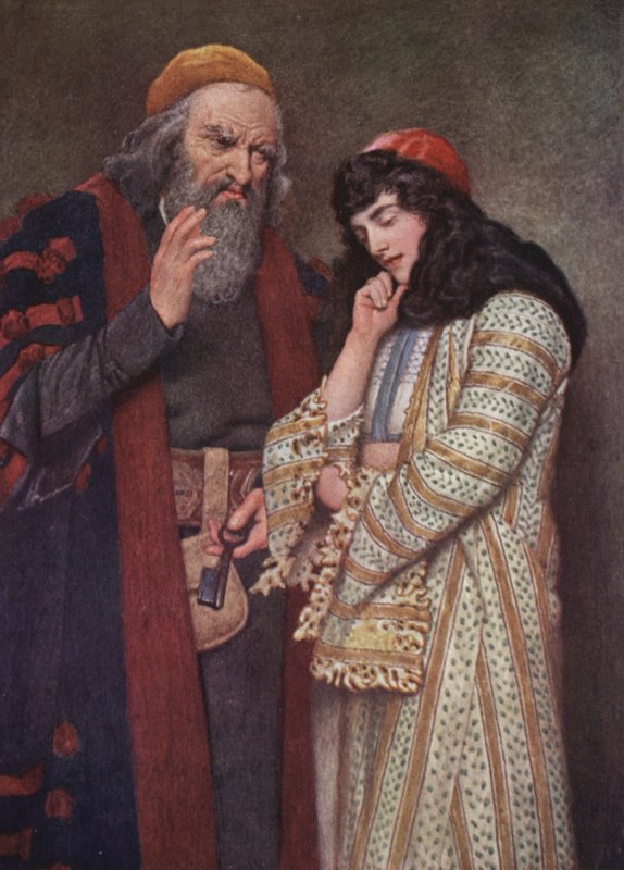 Shakespeare A velencei kalmár című műve: Shylock és Jessica (színes litográfia) alkotó: James Dromgole Linton