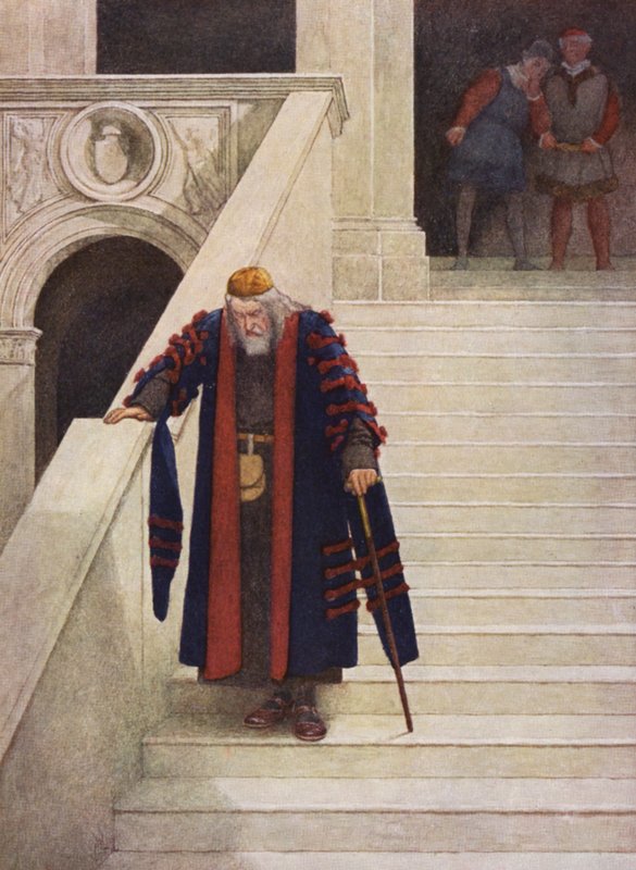 Shakespeare A velencei kalmár című műve: Shylock elhagyja a hercegi palotát (színes litográfia) alkotó: James Dromgole Linton