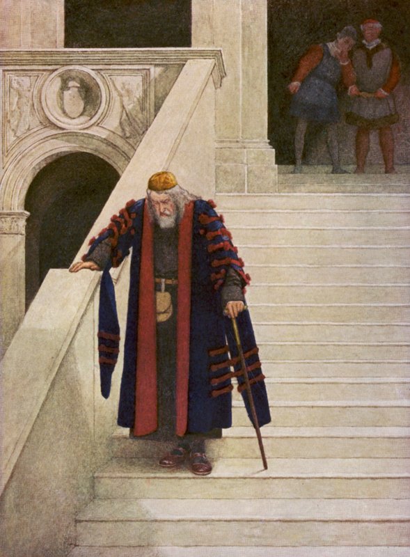 Shakespeare A velencei kalmár című műve: Shylock elhagyja a hercegi palotát (színes litográfia) alkotó: James Dromgole Linton