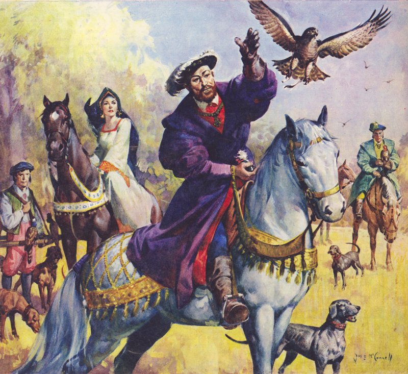 VIII. Henrik király és Boleyn Anna vadászata (színes litográfia) alkotó: James Edwin McConnell