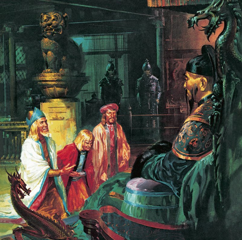 Marco Polo Kublai Kán előtt, 20. század (litográfia) alkotó: James Edwin McConnell