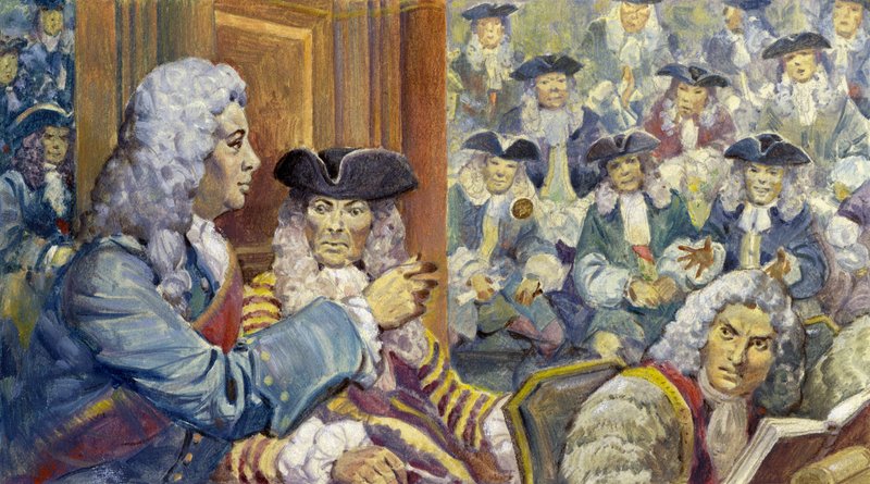 Sir Robert Walpole egyszer egy guinea-t tett fel a klasszikus pontosságára, és vesztett (gouache, papír). alkotó: James Edwin McConnell